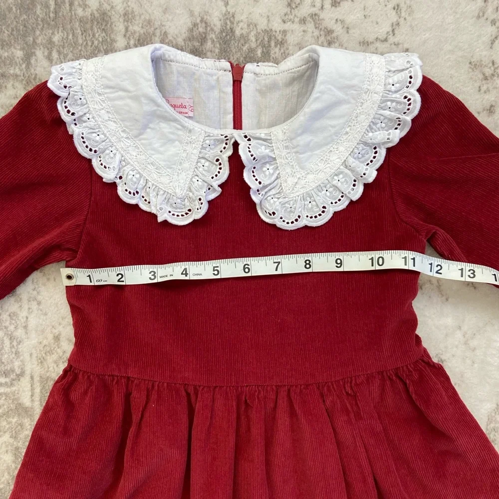 La Coqueta 6Y Girl’s Red Corduroy Dress with White Lace Collar - Picture 4 of 13